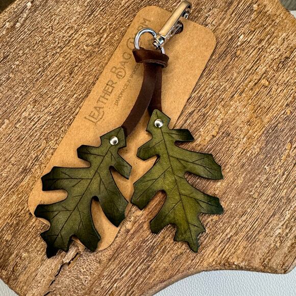 Leather Autumn Fall Purse Charm Oak Leaf Bag Charm Genuine Leather Keychain - Picture 7 of 8